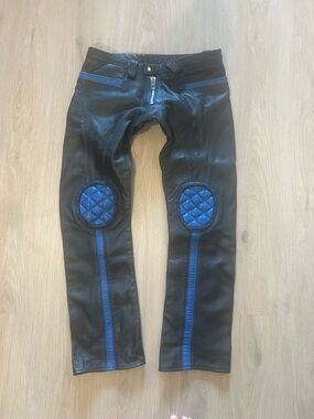 Vintage genuine leather moto pants black/ blue Sz 32 unisex